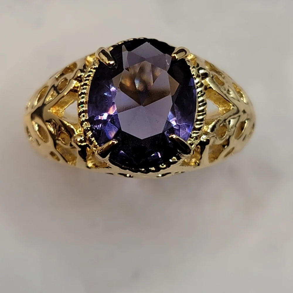 Gold Tone Simulated Purple Gemstone Butterfly Filigree Ring